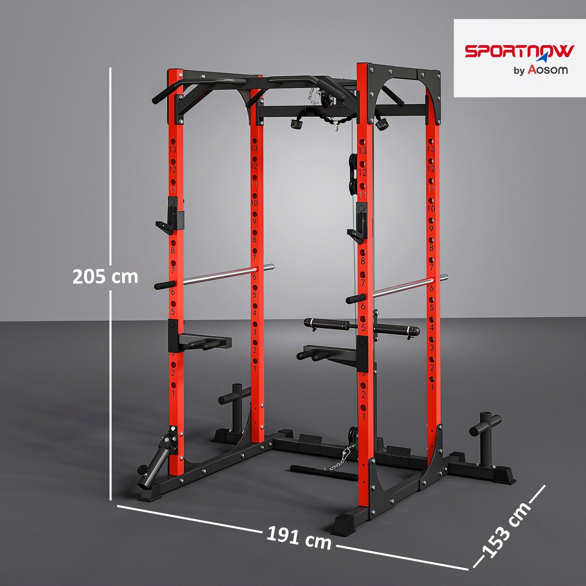 SPORTNOW Power Tower, estación de Fitness con estación de Cables, Soporte para Barras, Mancuernas y Barra de inmersión, Gimnasio Multifuncional de Acero, para Gimnasio en casa, 191x153x205 cm, Rojo y