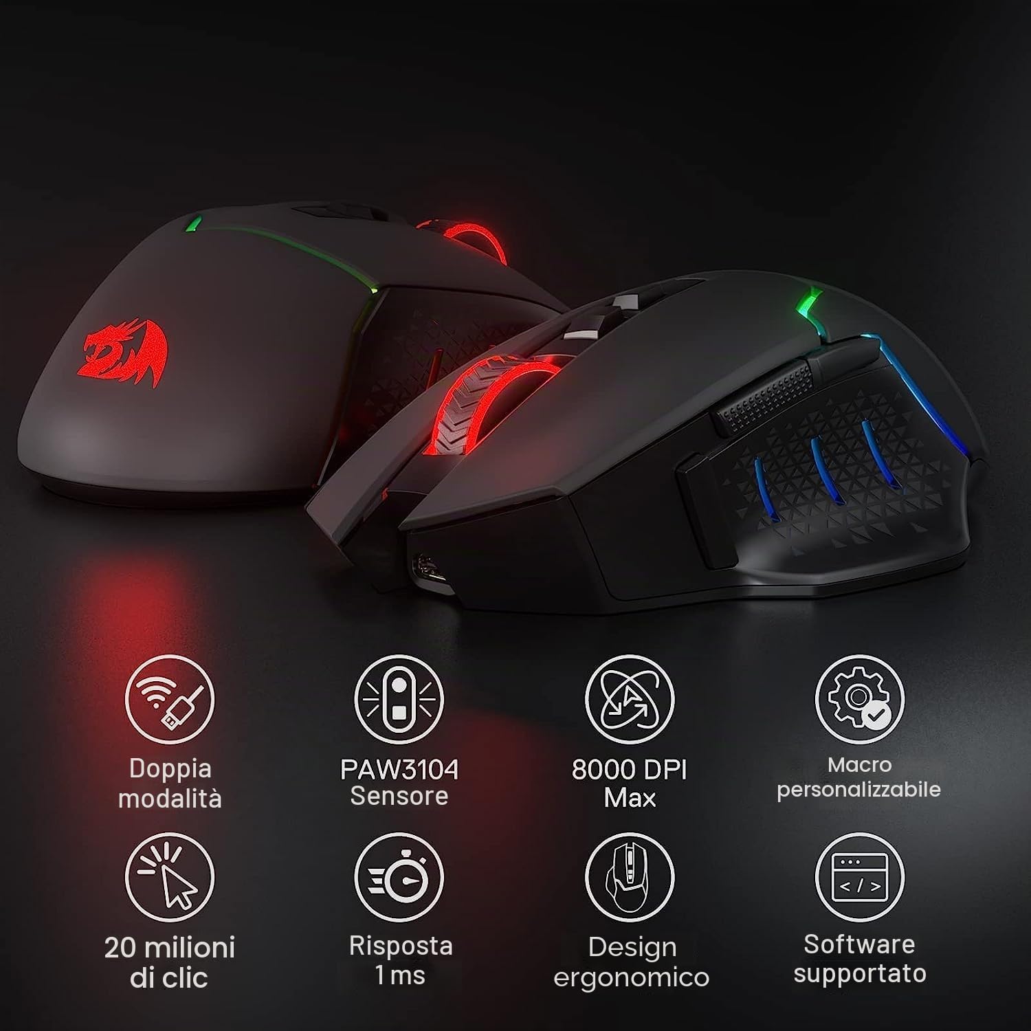 Redragon M690 PRO Mouse Gioco Wireless 8000 DPI Fuoco Rapido | mouse gioco wireless 8000 DPI tasto fuoco rapido 8 pulsanti macro design ergonomico PC Mac laptop nero