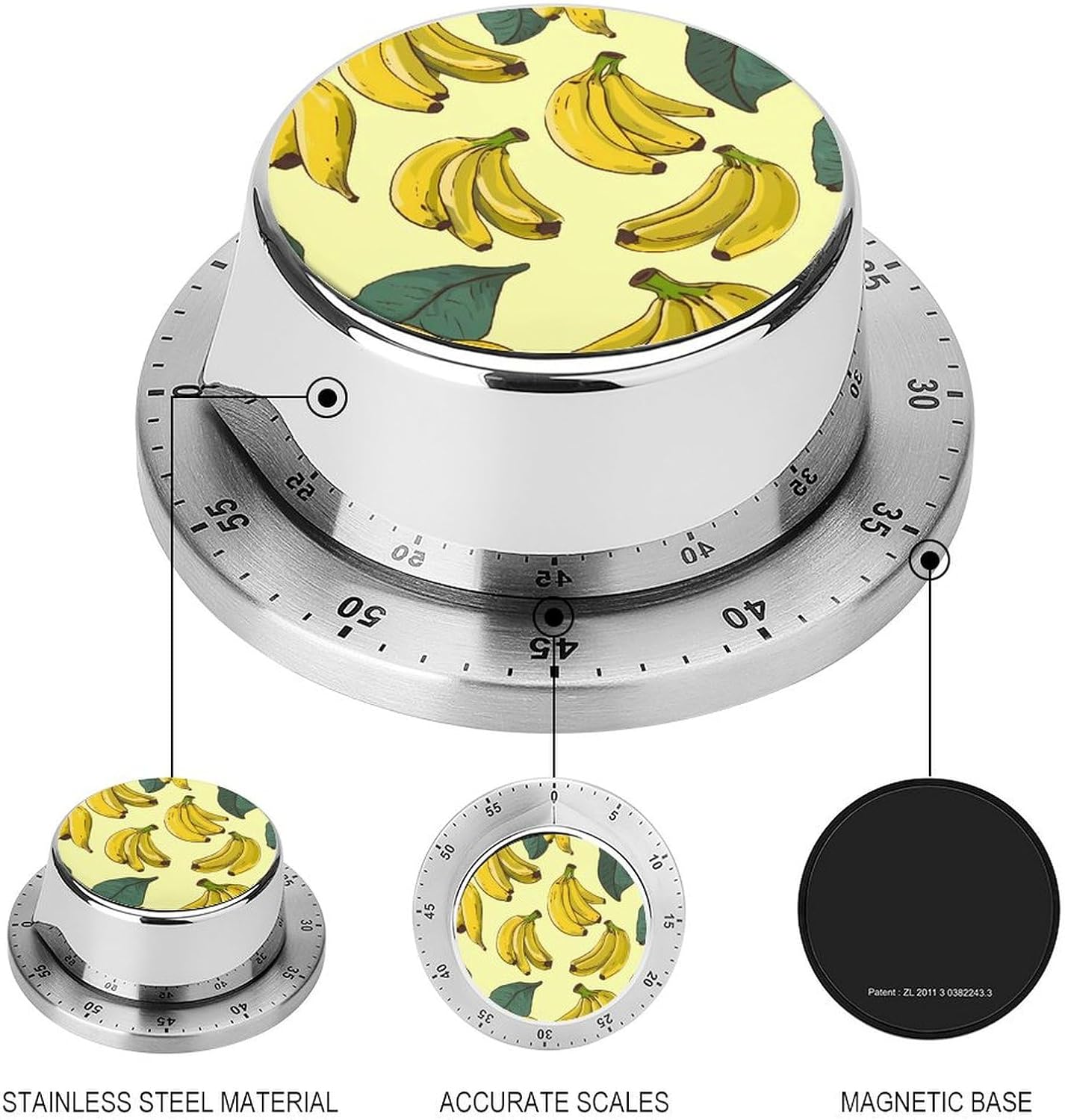 Banana Print Timer Stainless Steel Kitchen Timers Waterproof & Rust-Proof 60 Minute Mechanical Timer with Loud Alarm for Cooking, Baking, Fitness