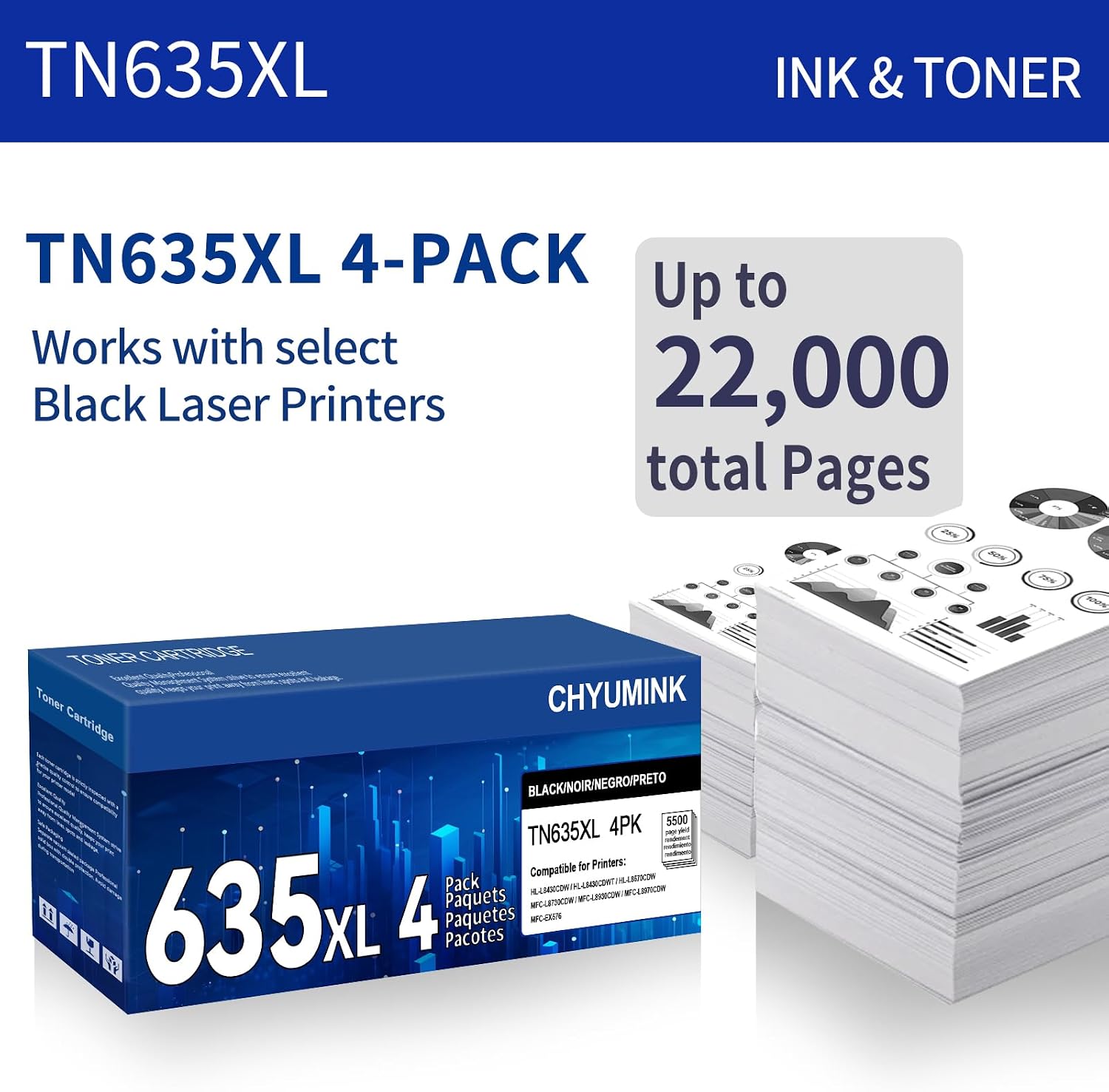 4 Pack TN635 TN635XL Black Toner Cartridge Replacement for Brother TN635XL Toner Work for HL-L8430CDW, HL-L8430CDWT, HL-L8570CDW,MFC-L8730CDW, MFC-L8930CDW, MFC-L8970CDW and MFC-EX575 Printers