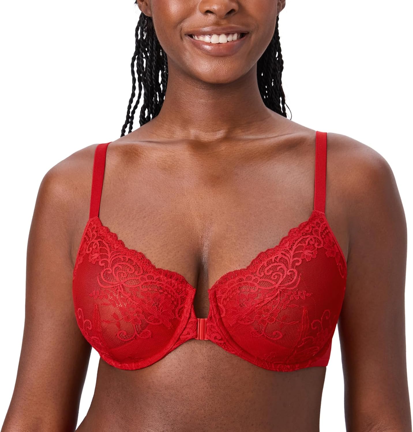 DELIMIRA Women's Front Closure Lace Underwire Sheer Bras Plus Size Full Coverage Sexy Plunge Unlined Bra