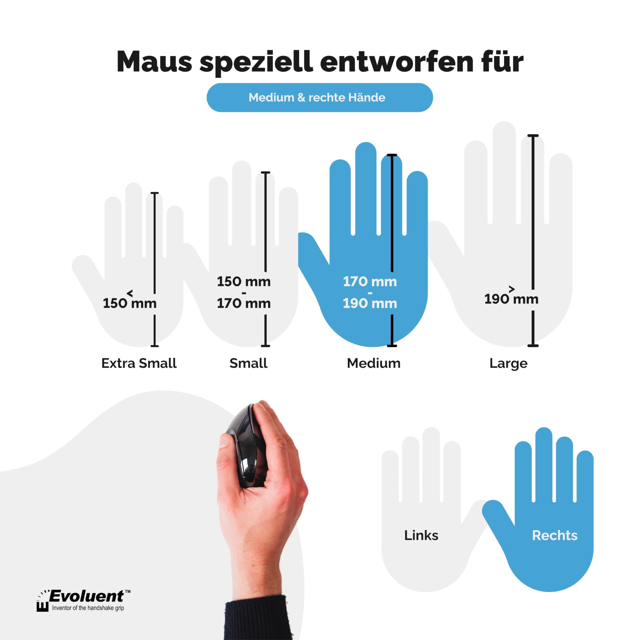 Evoluent VerticalMouse D Kabellose USB Maus für Rechtshänder, Größe M, VMDMW, Schwarz, Silber, Grau, Medium