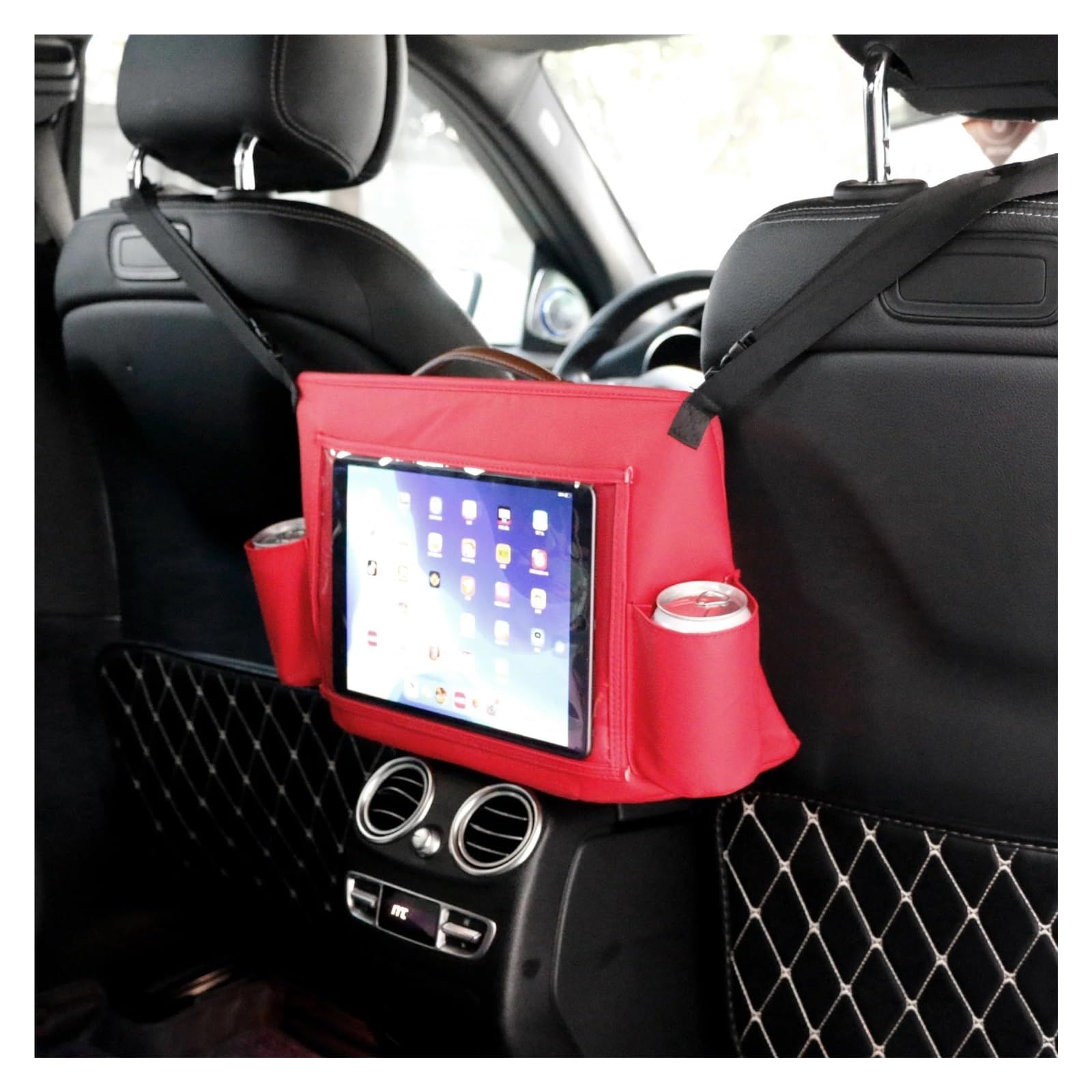 Borsa da viaggio multitasche for seggiolino auto, organizer in pelle, porta tablet da appendere, borsa da mummia, borsa da appendere for sedile auto(Red)
