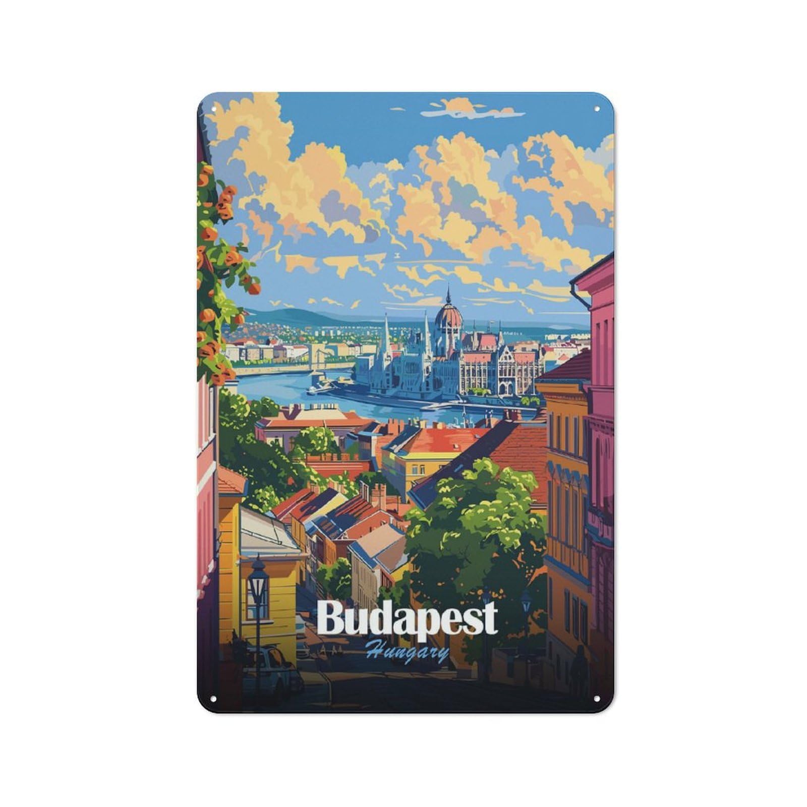 Junmoney Budapest, Hungary Cityscape Illustration Shop Front Style Bistro Metal Sign 30X20cm, Cafe Wall Decor For Tea Room, Shop Wall Or Breakfast Area