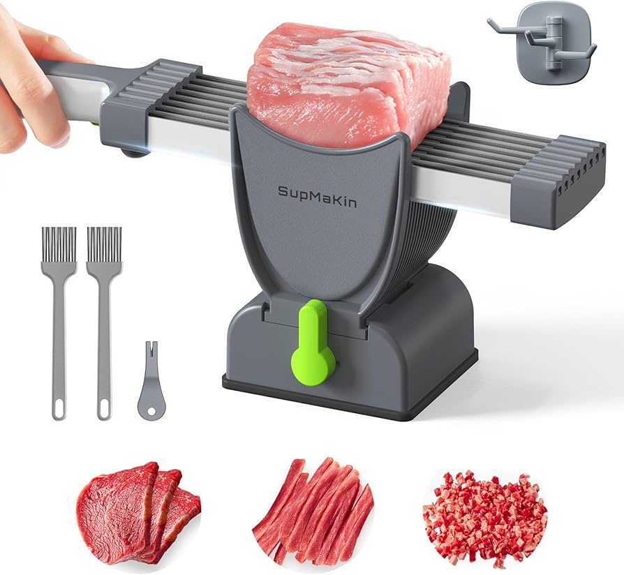 SupMaKin Fresh Meat Slicer, Thickness Adjustable 2 or 4 mm, 17 IN 1 Stainless Steel Manual Meat Cutter, Cleaver Kitchen Knife, Jerky Slicer Suit for Chicken Breast Beef Pork (Gray) in review box