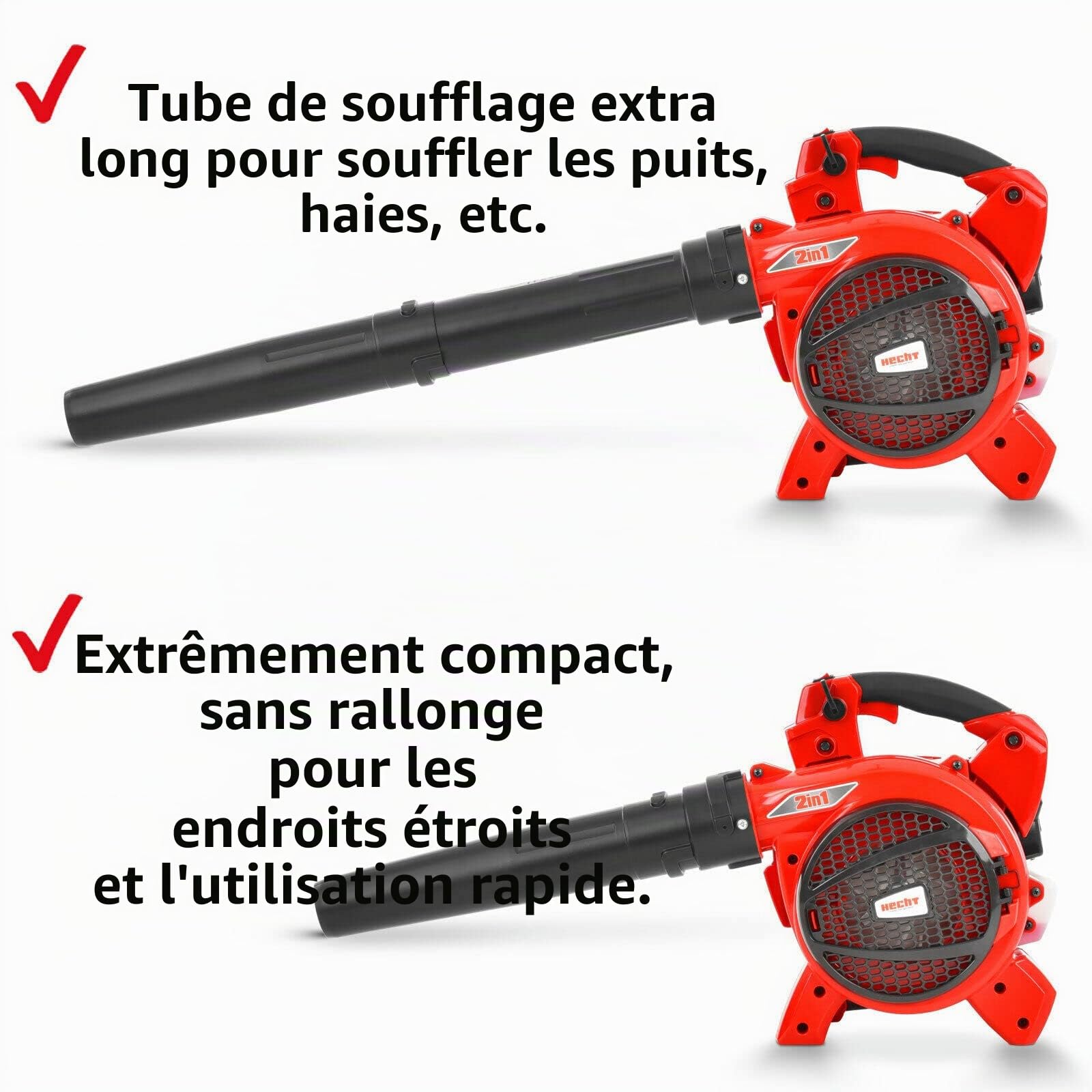 HECHT Aspirateur souffleur à essence - Avec moteur puissant à 2 temps et sac collecteur de 50 litres - Libérez votre jardin des feuilles et des débris confortablement, sans fil et rapidement