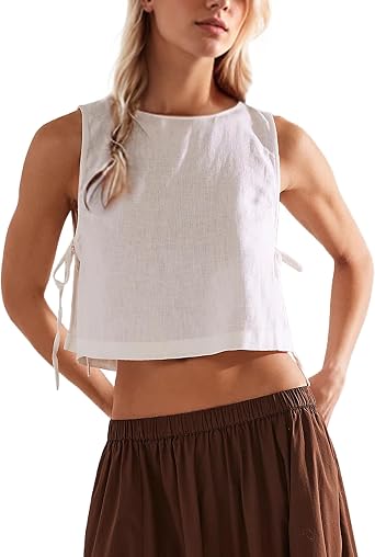 Cotton Linen Crop Top for Women Summer Tank Tops Sleeveless Split Tie Side Boxy Cropped Casual Loose Going Out Vest