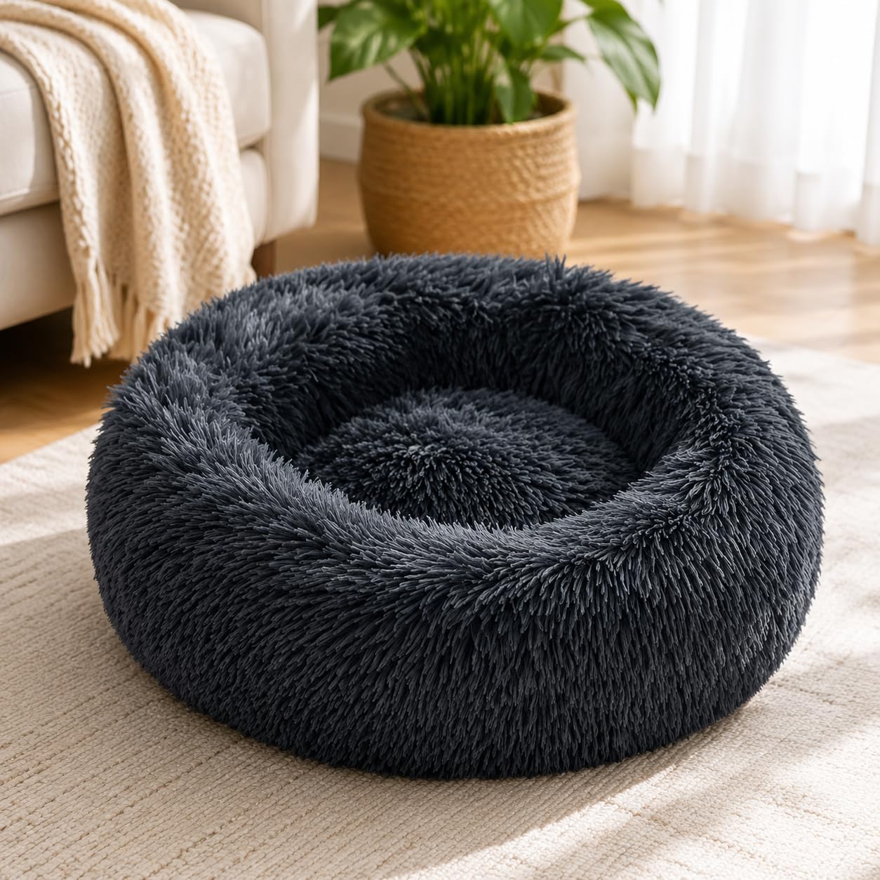 1pc Donut Round Plush Calming Anti Anxiety Washable Pet Bed Mat