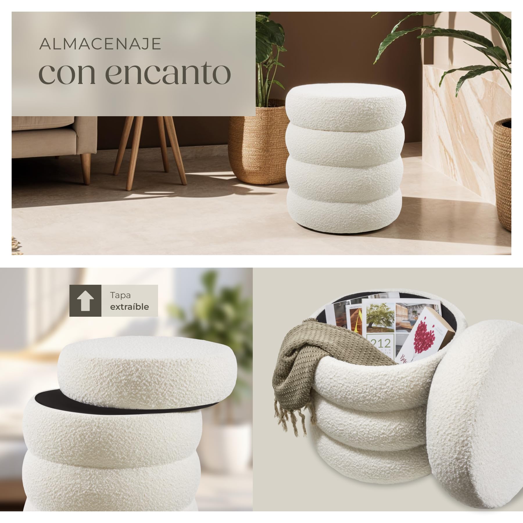 tectake® Taburete Almacenaje Bouclé, Carga: 120 kg, MDF, Puff Almacenaje, Taburete Dormitorio, Reposapies Puff, Zapatero Entrada Recibidor, Asiento Acolchado, Ideal Salón Hogar - 42 x 47 cm Crema