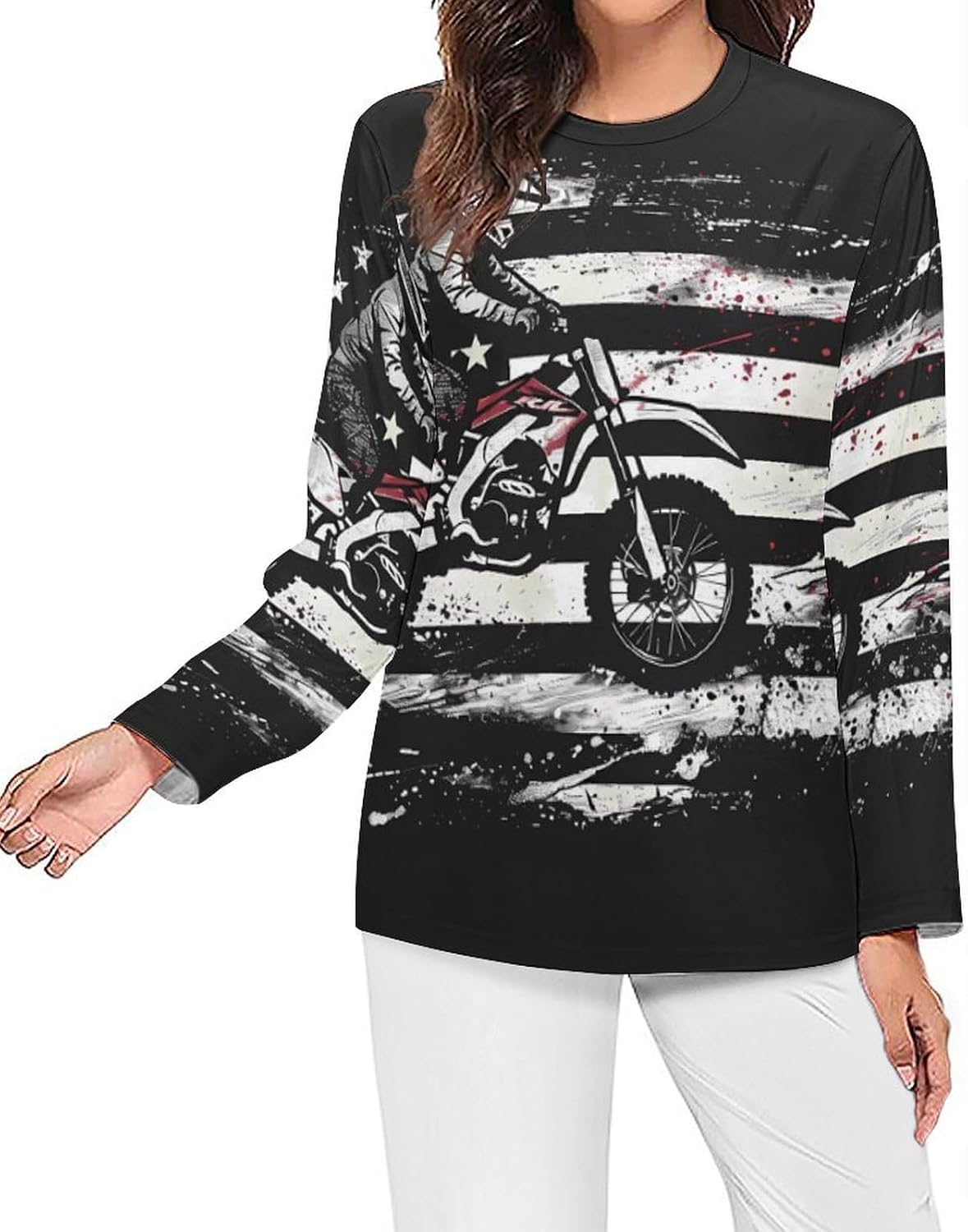 American Flag Dirt Bike Black White Women's Pajama Top Sleepwear Pajamas Sleep T-Shirt Long Sleeve Shirt Crewneck Tee