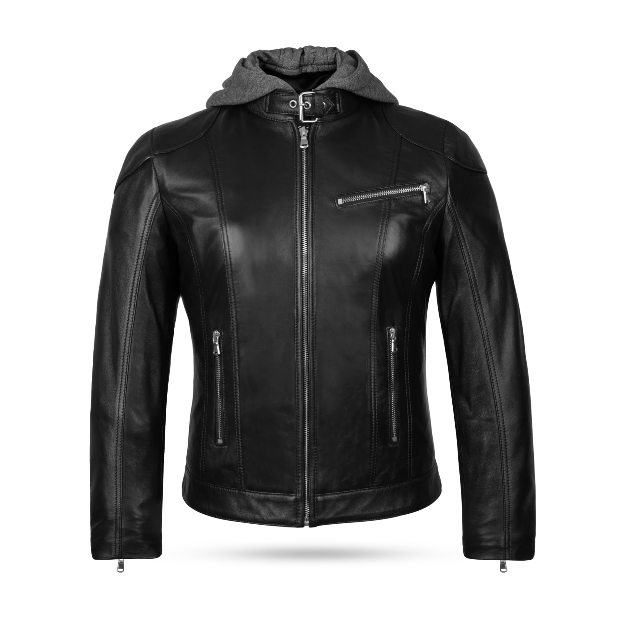 Leatherick Chaqueta Victoire de piel de cordero auténtica para mujer con capucha extraíble negra, cremalleras plateadas de primera calidad y bolsillos funcionales.