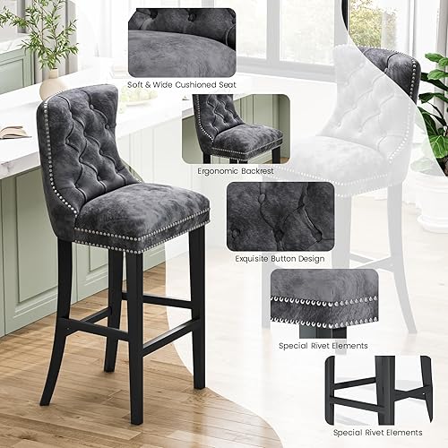 Miniatura 9 de Recaceik Juego de 2 taburetes de bar de terciopelo con altura de mostrador, taburetes de bar tapizados con respaldo, taburete de cocina de 27