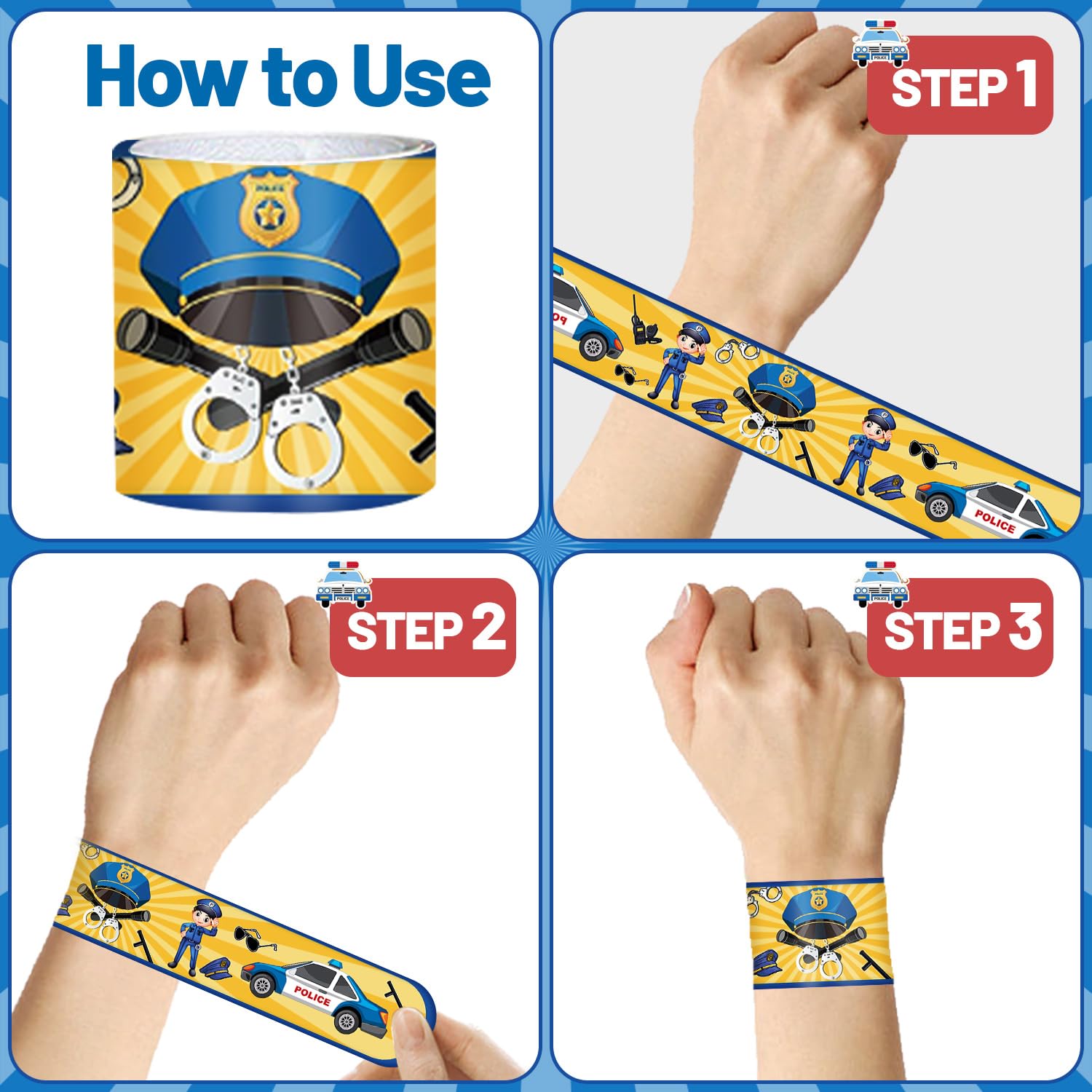 48PCS Police Party Slap Bracelets - Police Themed Birthday Favors For Kids Classroom Rewards