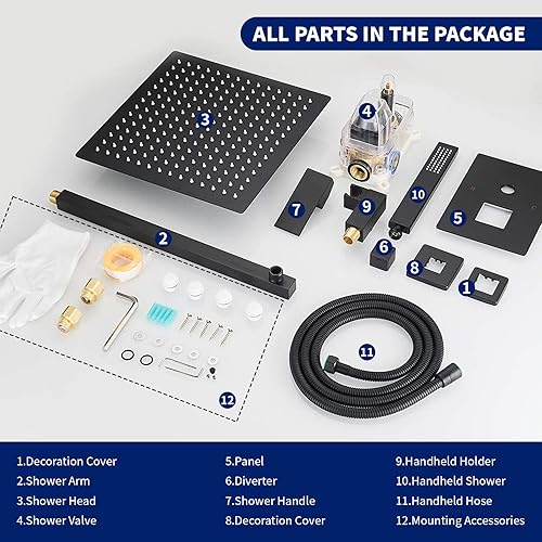 Miniatura 8 de BWE Grifo de ducha negro de 10 pulgadas, cuadrado de lujo, sistema de ducha mezclador de lluvia, juego completo de 2 funciones, equilibrio
