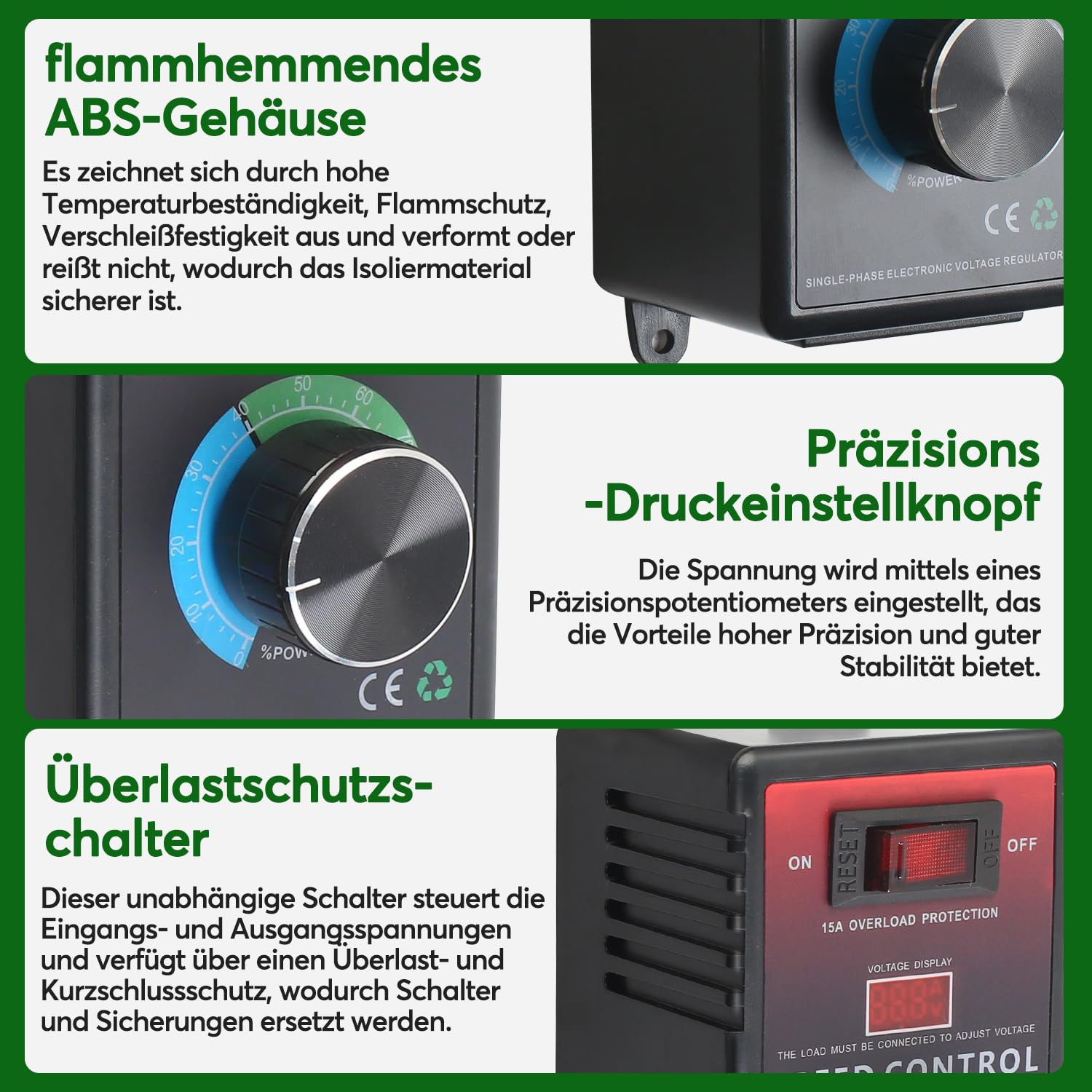 Drehzahlregler 230V Motor, Spannungsregler 15A Überlastschutz, Spitzenleistung 4000W, Frequenzumrichter Drehzahlregler für Winkelschleifer, Bläser, Handbohrer, Kreissägen, EU-Stecker