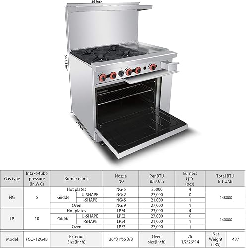 Miniatura 6 de KITMA Gamas de gas comercialesrangos de gas independientes con 4 quemadores plancha comercial manual de 12 pulgadas y 1 horno estándar - Cocina de