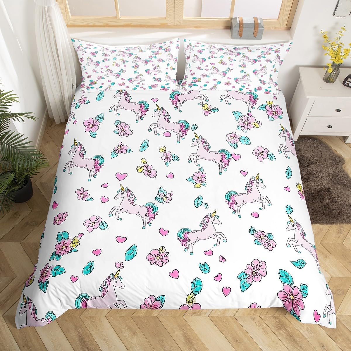Manfei Cute Unicorn Duvet Cover Set Toddler Size, Pink Flower Bedding Set 2pcs, Cartoon AnimalsTheme Comforter Cover, Kids Boys Girl Room Decor, Lightweight Bedspread Cover, 1 Pillowcase, No Comforter