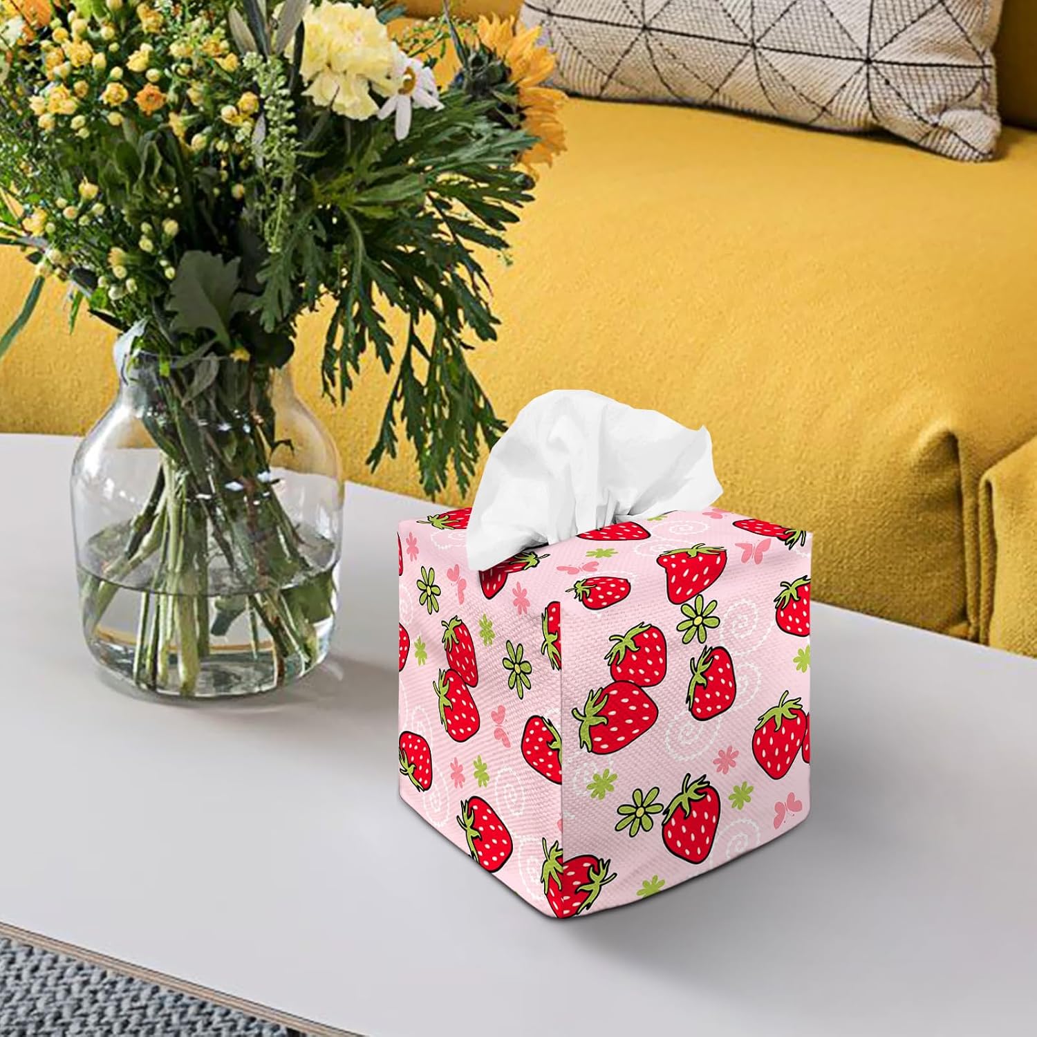 Tissue Box Cover Square Decorative Tissue Box Holder Cute Funny Cube Tissue Case Cover-Strawberry Tissue Box Cover image 4