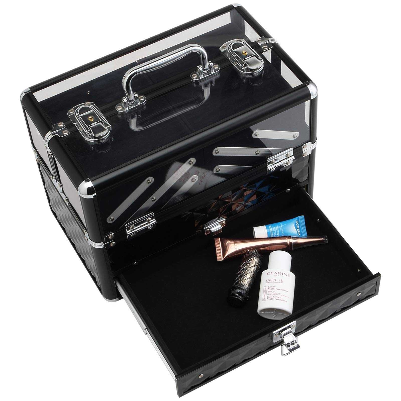 HOMCOM Maletín de Maquillaje Portátil 30x18,5x22 cm Transparente y Negro | Múltiples Niveles, Con Asa y Bandejas Desplegables, Aleación de Aluminio, Organizador Cosméticos