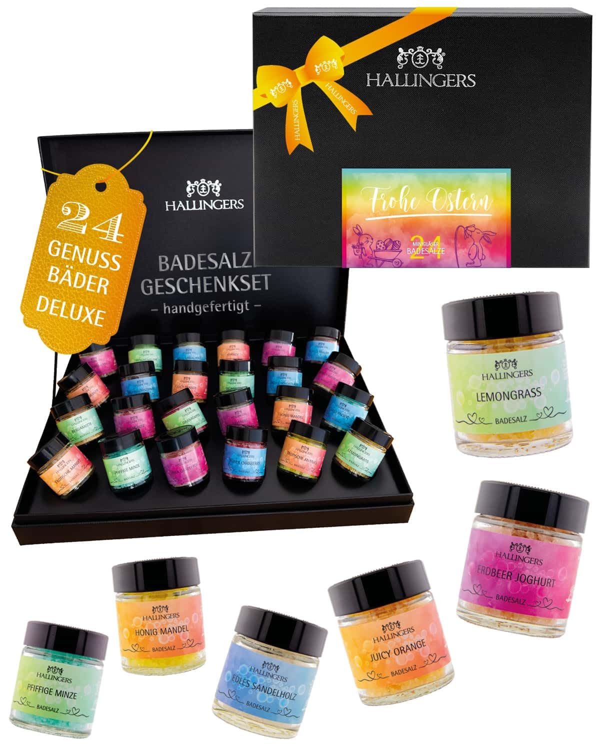 Hallingers Genuss Manufaktur Badesalze Oster-Geschenk-Set - 24x Badezusatz mit Totes Meer Badesalz Geschenkbox, Badekristalle Fußbad & Spa "Frohe Ostern", Ostern Körbchen für Frauen Männer