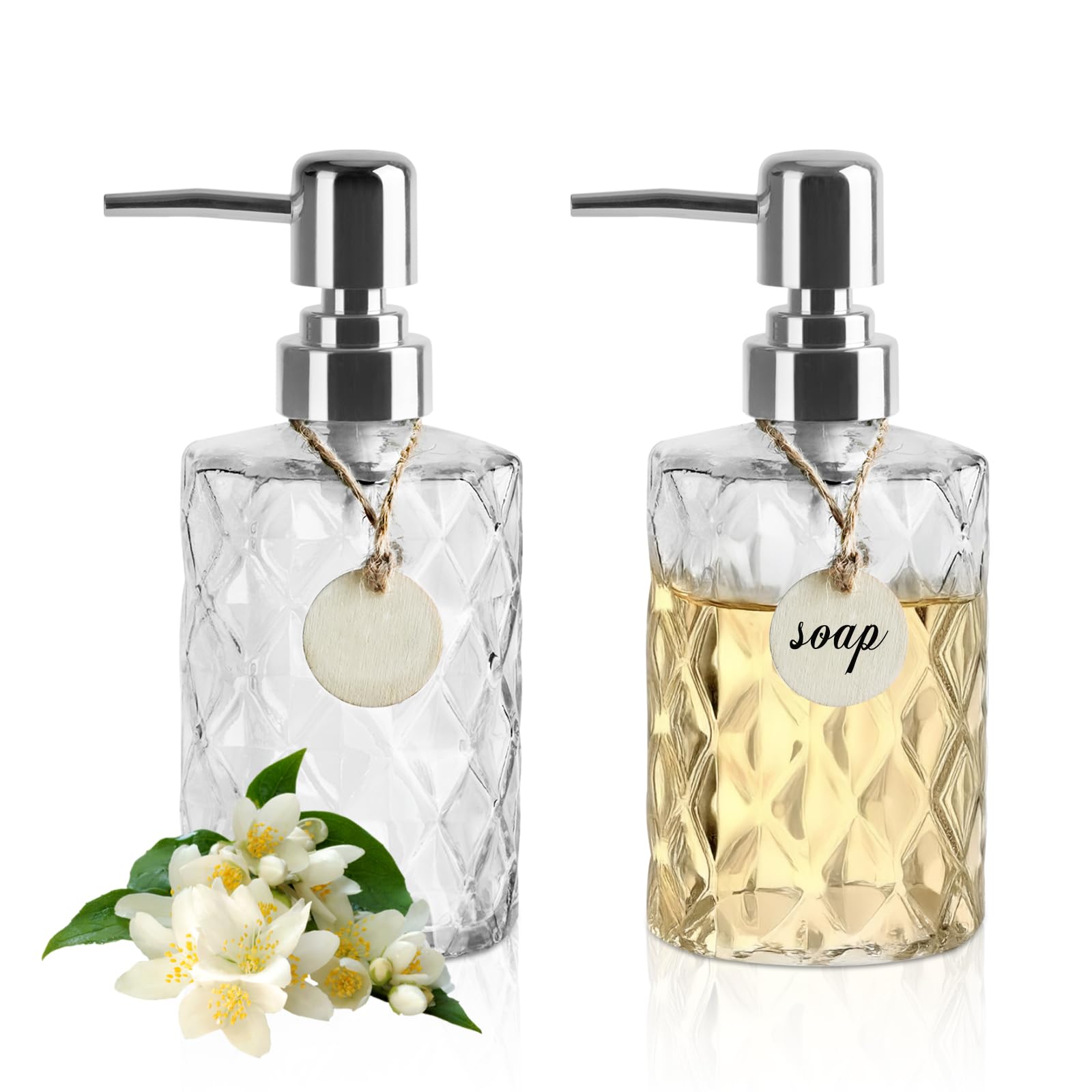 2pcs Glass Soap Dispenser Bottle with Pump, 11.6 oz Refillable Liquid Hand Jar Dispenser with Label, Dish Soap Dispenser Hand Wash Dispenser for Bathroom, Kitchen, Countertop, Laundry Room (Clear)