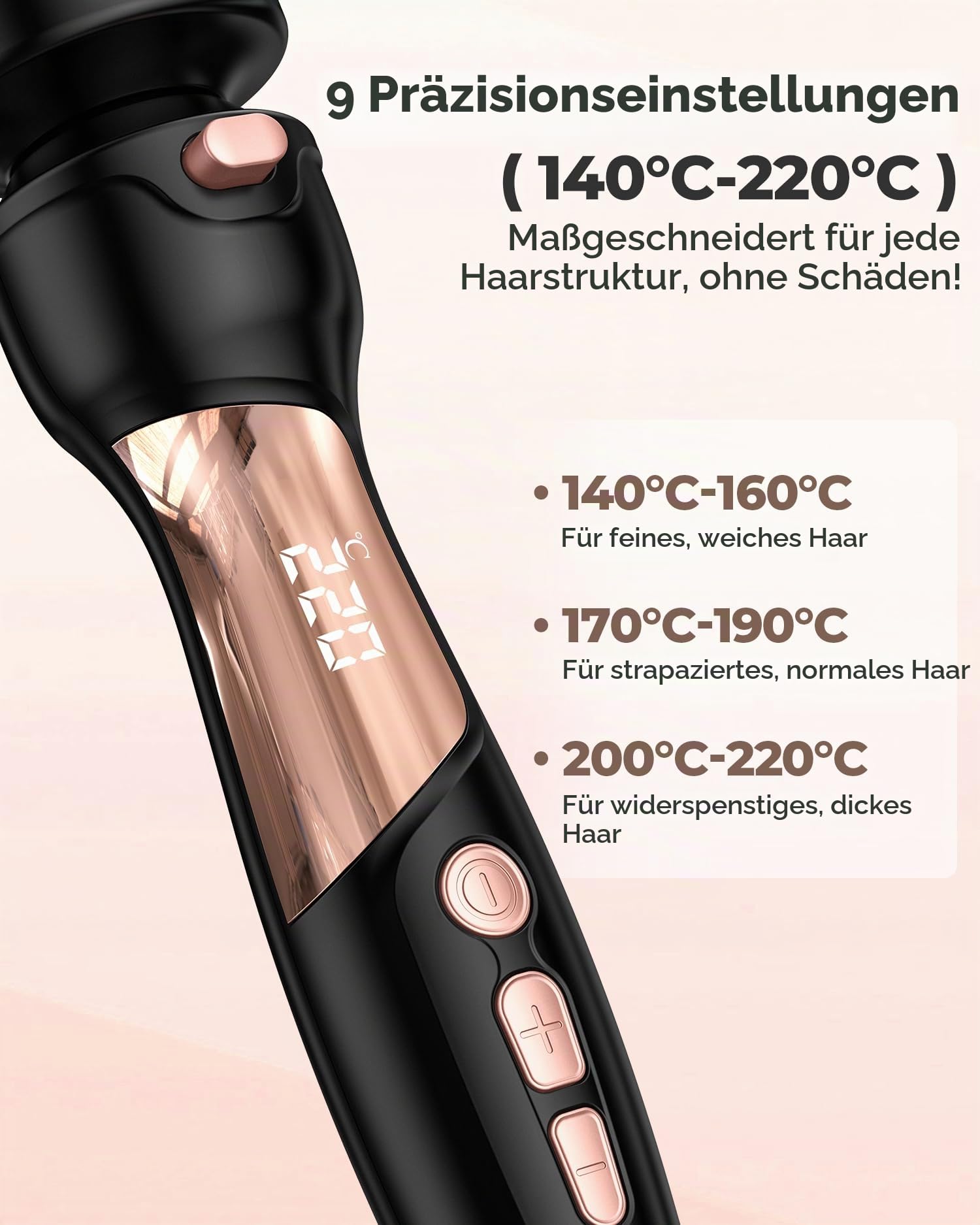 Farery Lockenstab Thermal Brush, 9 Temperaturen Heiße Bürsten für mittleres bis dickes und grobes Haar, schnell aufheizende keramische Heißbürste, austauschbare Bürstenköpfe, mit Dual-Spannung.