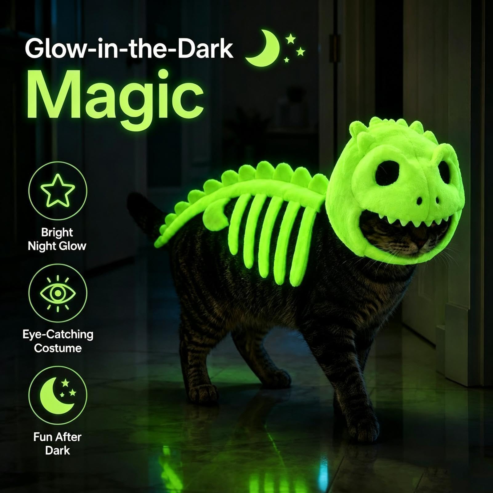 Costume da scheletro di dinosauro per gatto, costume luminoso per Halloween e cosplay | Costume di Halloween per carnevale, feste in maschera, palcoscenico, parco, dormitorio, cucciolo