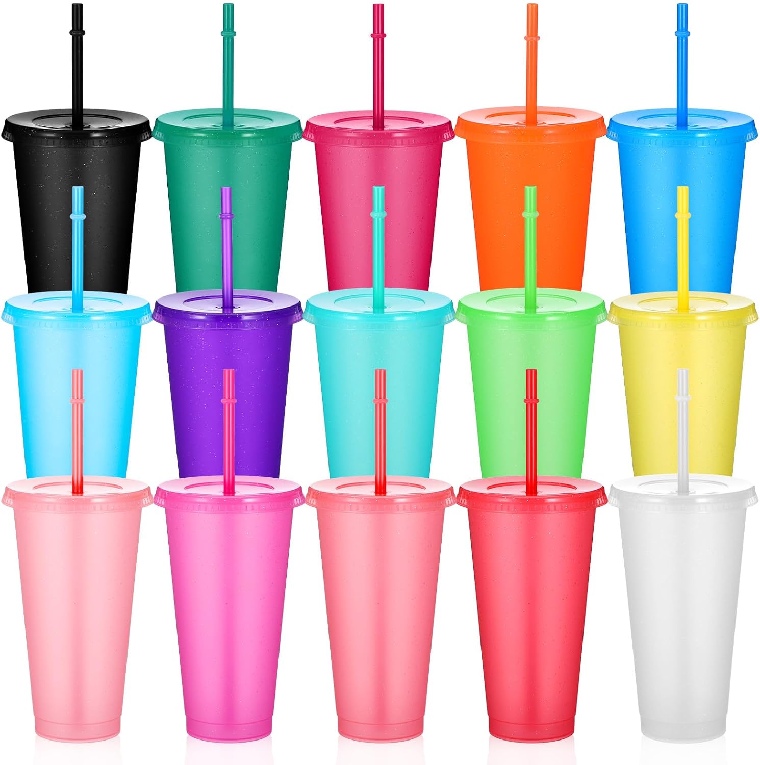 15 Pcs Reusable Plastic Tumblers with Lids and Straws, 24 Oz Bulk Travel Mug Water Bottle for Iced Coffee, Party Birthday Gifts, Multicolor