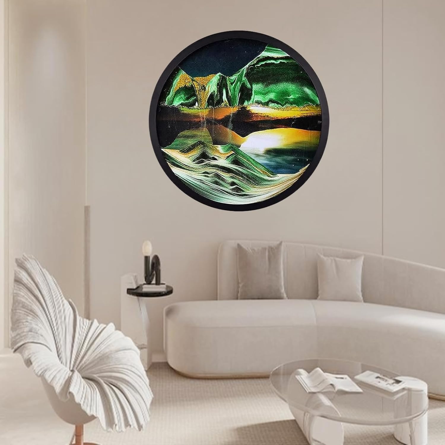 BGFJYUK 24" Moving Sand Art Décor, Wall Mounted Sand Art Liquid Motion 3D Dynamic Sculpture,360°Rotate Wall Art Deep Sea Sandscape,Glass Crafts Solid Wood Frame,Relaxing Quicksand Décor (Green) 24inch Green