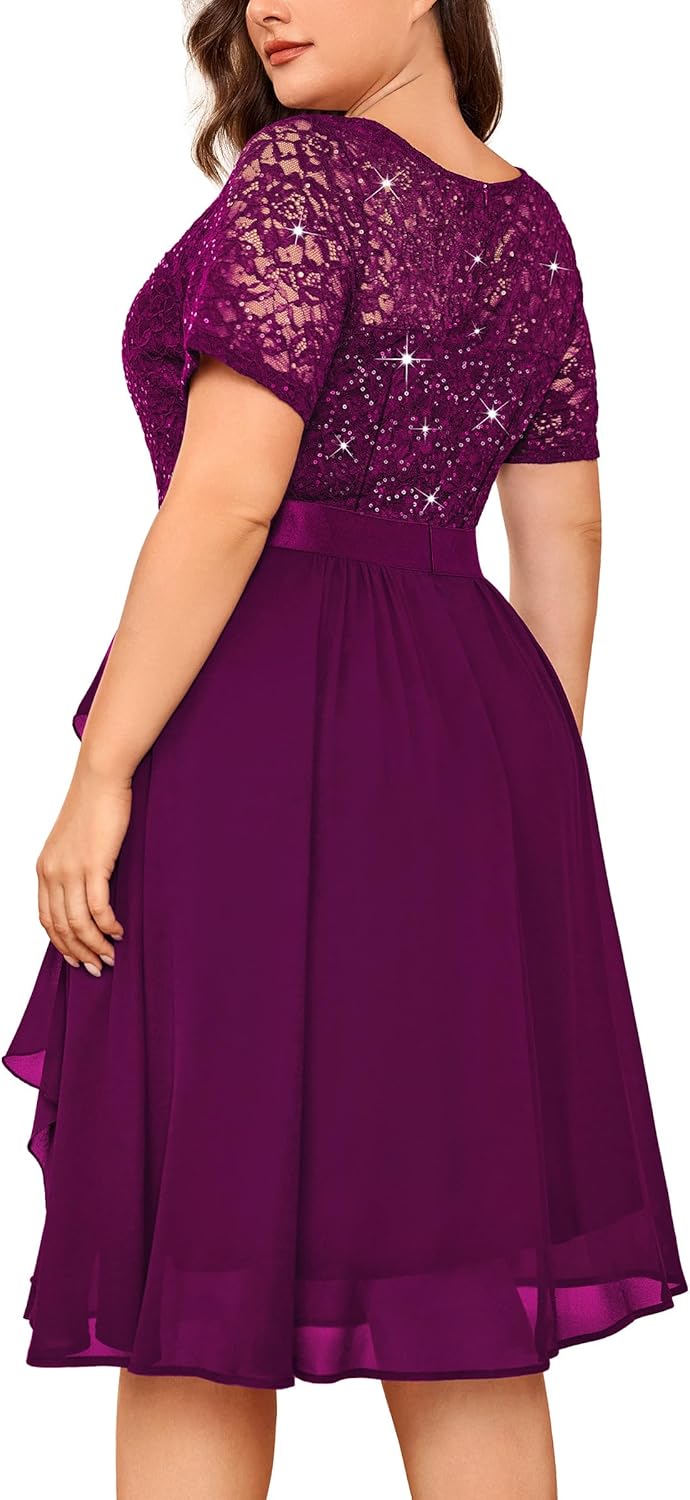 MISSMAY Women's Plus Size Sequins Lace Contrast Chiffon V Neck Flowy Cocktail Party Prom Midi Dress - Image 2