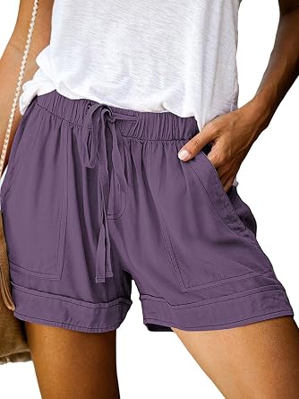 Basoteeuo Womens Shorts Summer Comfy Cotton Elastic Waist Drawstring Casual Shorts with Pockets