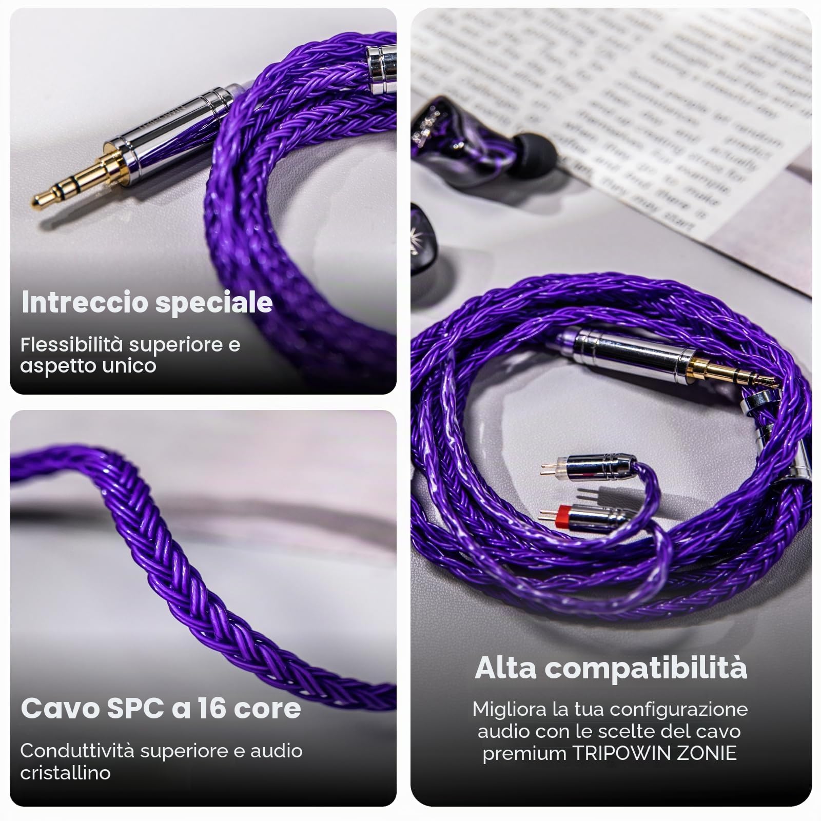 Linsoul Tripowin Zonie IEM Cavo, 16 Core Placcato Argento Cordoni Aggiornati, 1.25m SPC in Ear Monitor Cavi per 7hz Zero:2 Orchestra Lite Cadenza Hype4 Supermix4(2pin 0.78mm, 4.4mm)(Viola)