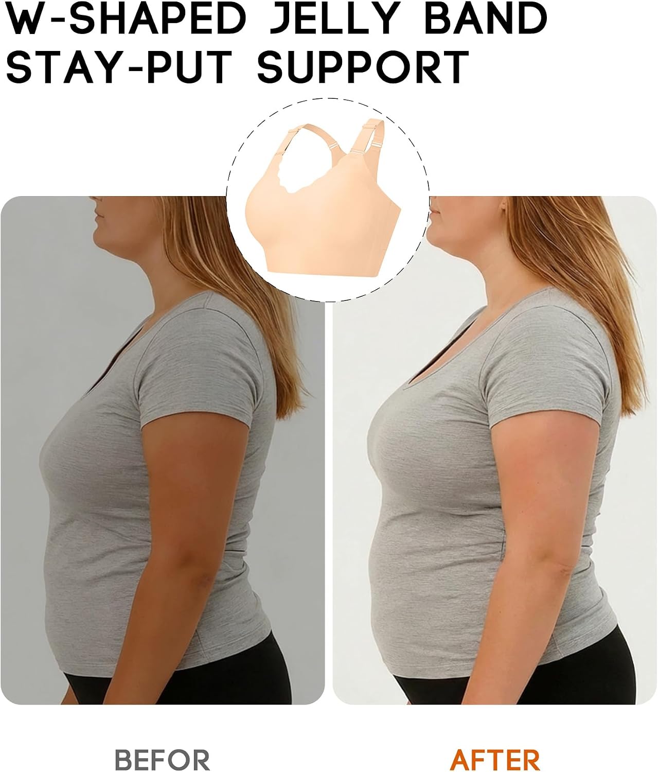 VQJ Women's Plus Size Jelly Comfort Wireless Bra - 2-in-1 Sports & Everyday Seamless Full Coverage, Push Up & Lift T-Shirt Bra with Scalloped V-Neck (Nude-L)