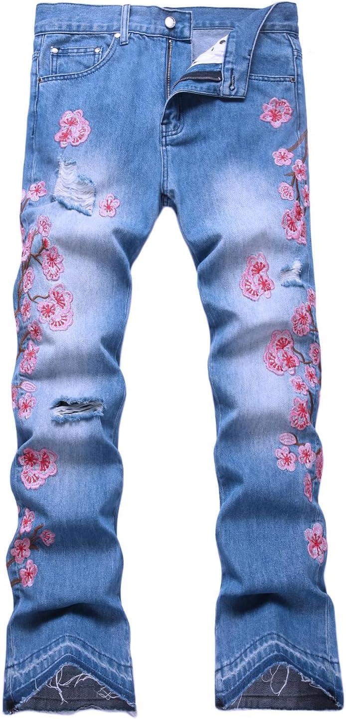 Baylvn Men's Designer Straight Slim Fit Patchwork Jeans Comfort Skinny Biker Denim Pants