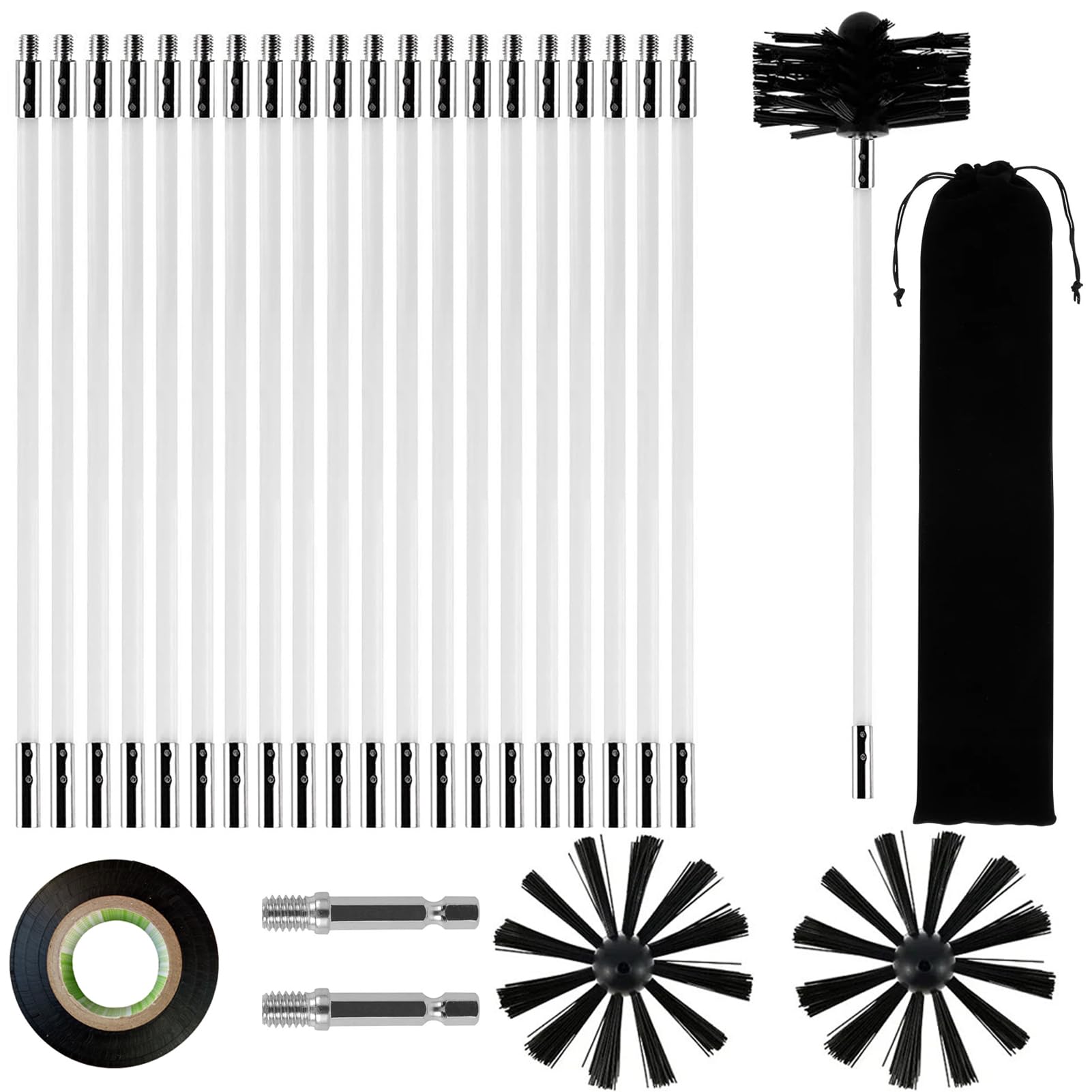 Zestaw 24 szczotek kominkowych, szczotka do kominka 100 mm, szczotka do czyszczenia komina, z 20 elastycznymi prętami 410 mm, 2 głowicami szczotki, 1 złącze wiertnicze + akcesoria, do suszarek