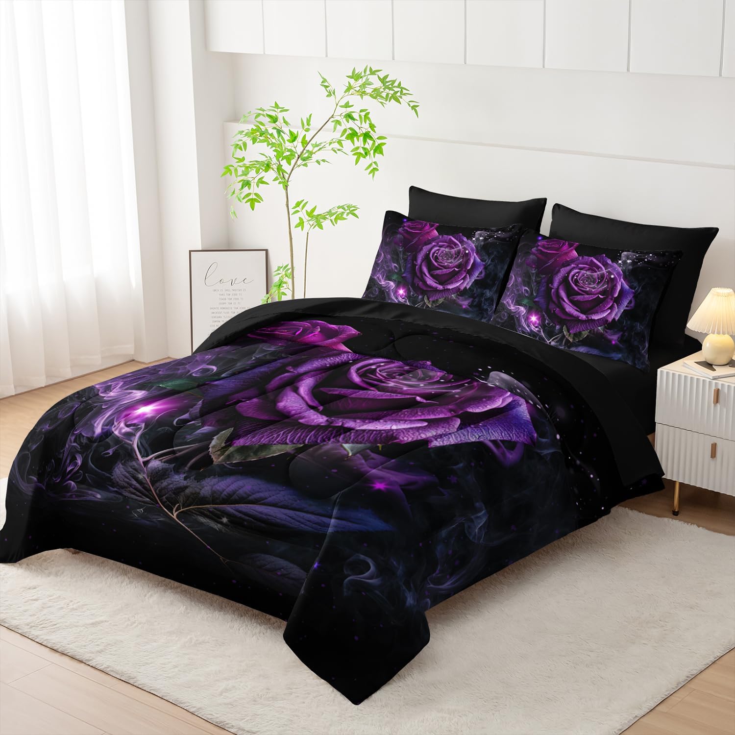 AILONEN 7-Piece Purple Rose Comforter Sets Queen Size for Girls,Romantic 3D Oil Painting Flowers Bedding Set Bed in a Bag,Comforter & Fitted Sheet with Flat Sheet & 2 Pillowcases,2 Pillow Shams