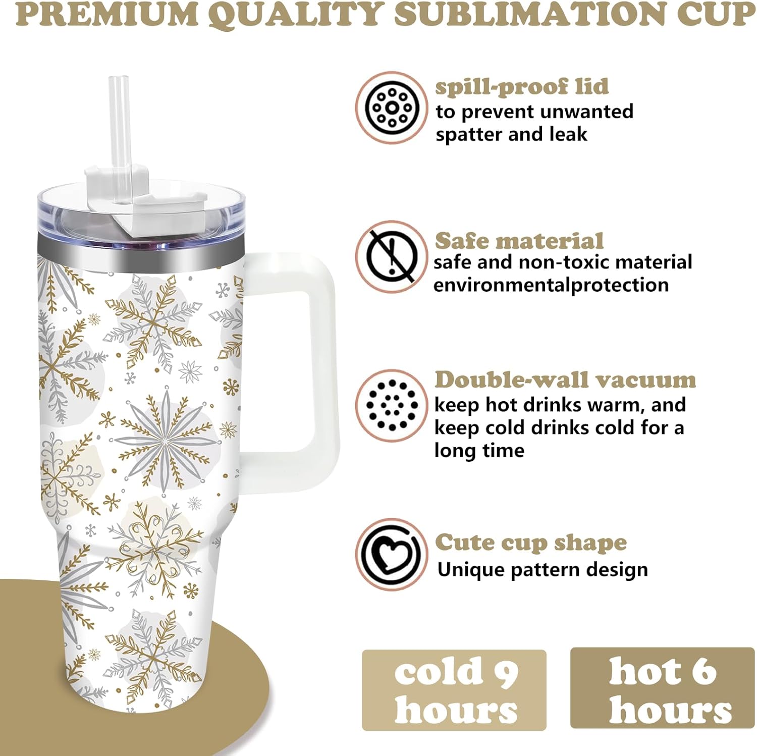 JarThenaAMCS Christmas Tumbler with Lid Straw 40 Oz Gold Silver Snowflake Stainless Steel Travel Tumbler Cup with Handle for Xmas Winter Iced Coffee Party Favor - Image 4