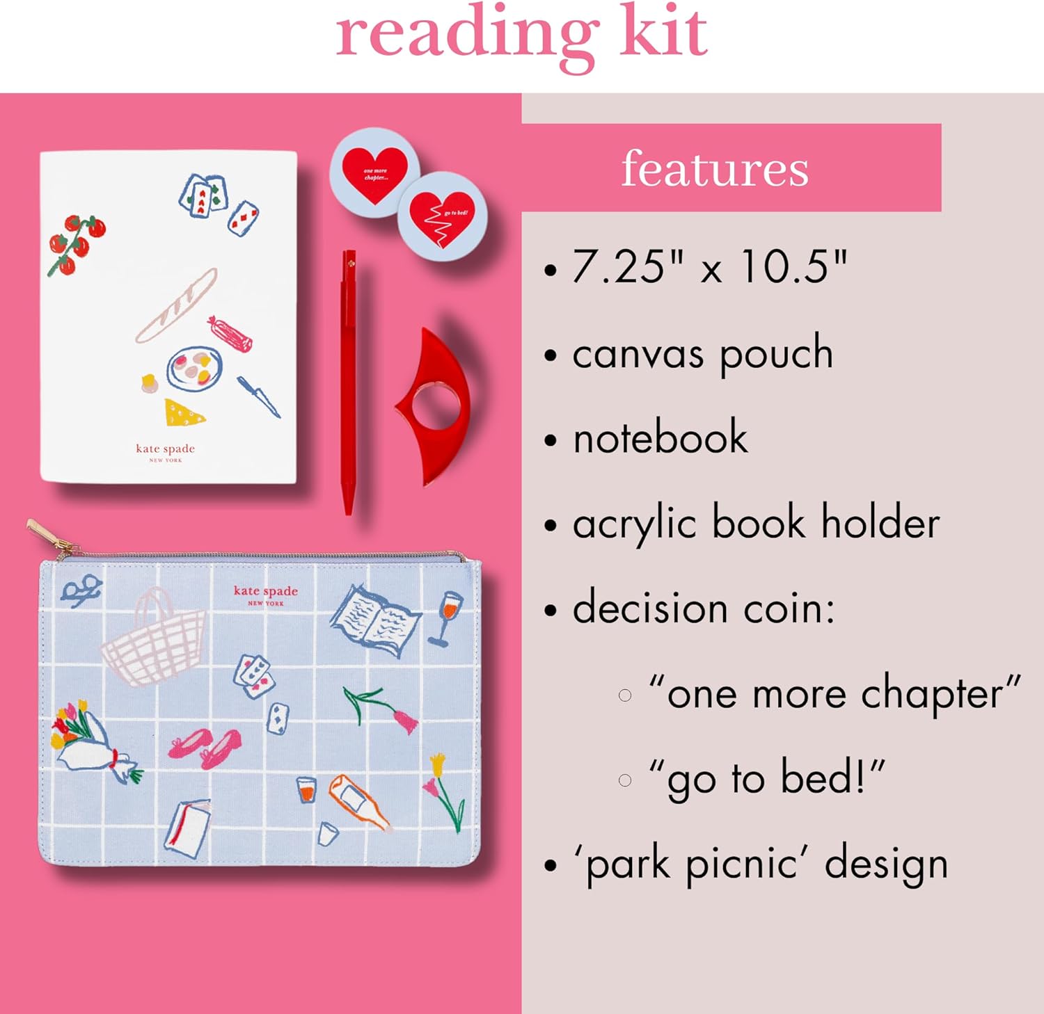 kate spade new york Reading Kit Set with Book Journal, Ballpoint Pen, Book Holder, Novelty Decision Coin, and Zipper Canvas Pouch (Park Picnic)
