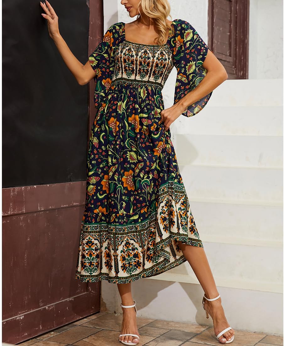 Women's Long Maxi Dress Sexy Off Shoulder Floral Dress Ruffle Short Sleeve Smocked Flowy A Line Boho Dress