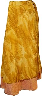 Indiatrendzs Womens Wrap Skirt Mustard Yellow 2 Layer Indian Vintage Sari Skirt Reversible Wrap Skirts One Size