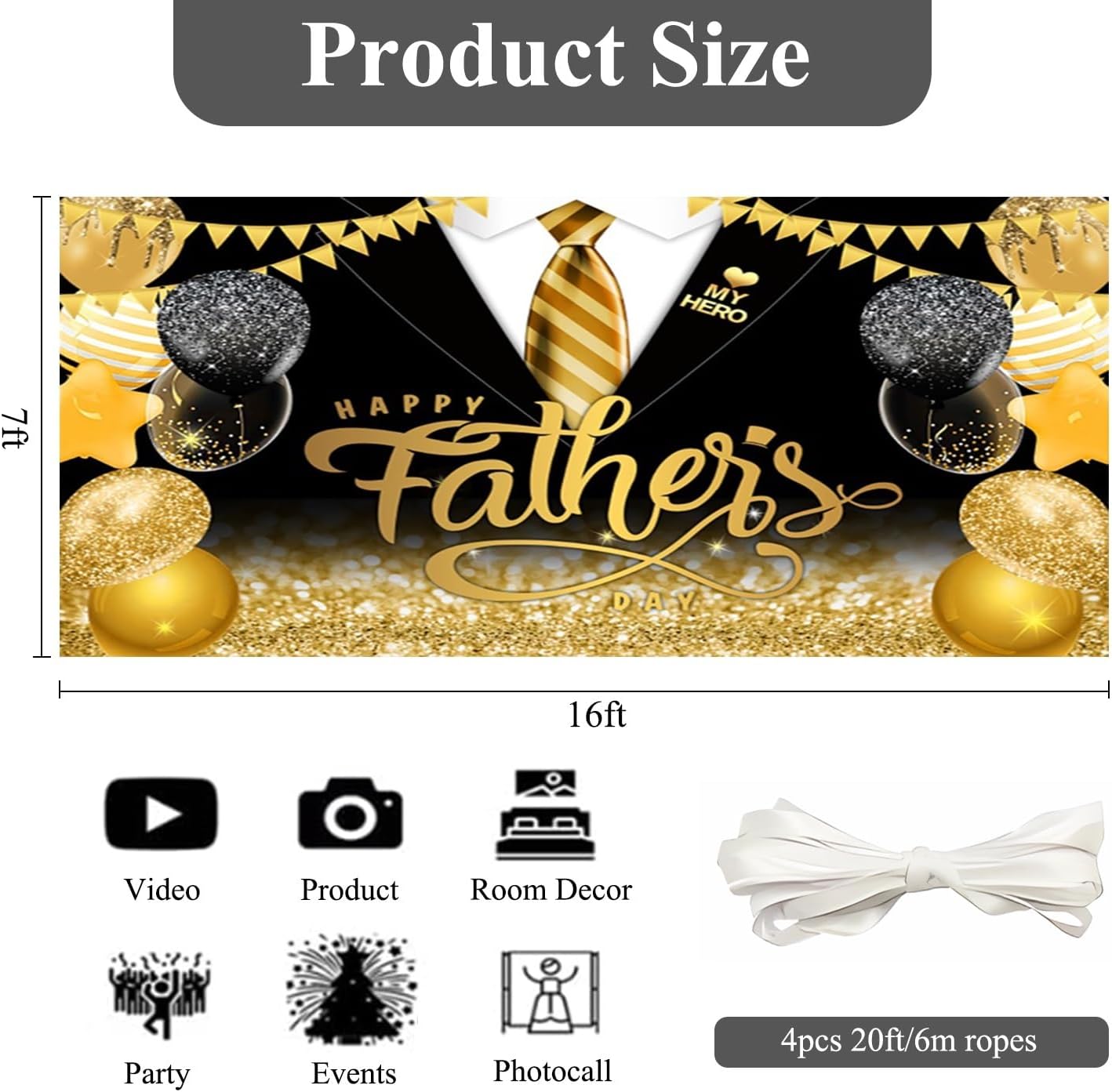 OERJU Happy Father's Day Garage Door Banner Cover Mural Fathers Day Garage Door Decorations Black Gold Glitter Balloon Suit Tie I Love Dad Thank You Daddy Festival Party Hanging Backdrop 7x16ft
