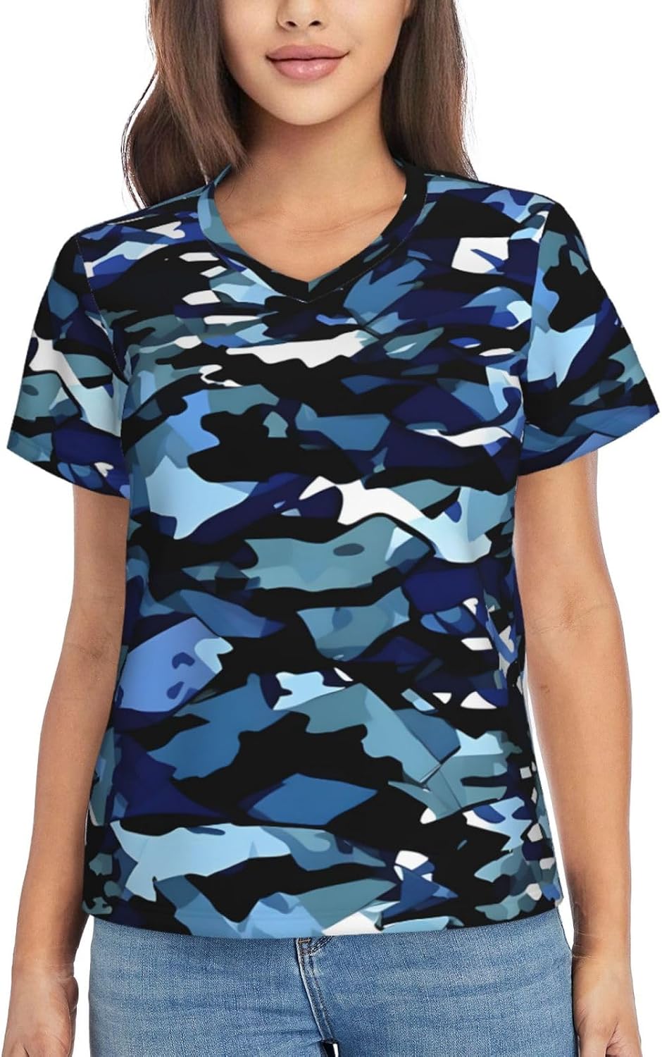 Womens Blue Camouflage Print Print Short Sleeve V Neck T-Shirts Casual Breathable Tee Basic Summer Tops 2026