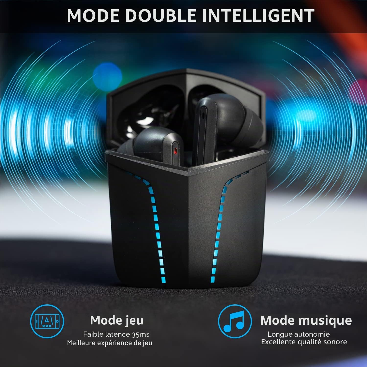 The G-Lab Korp Krypton Écouteurs Bluetooth 5.0 sans Fil Gaming, Latence Ultra-Faible, 2 Micros Intégrés, Étui de Charge Rapide, Autonomie 15H, Compatible iPhone/Android/iPad/PC/PS5 (Noir)