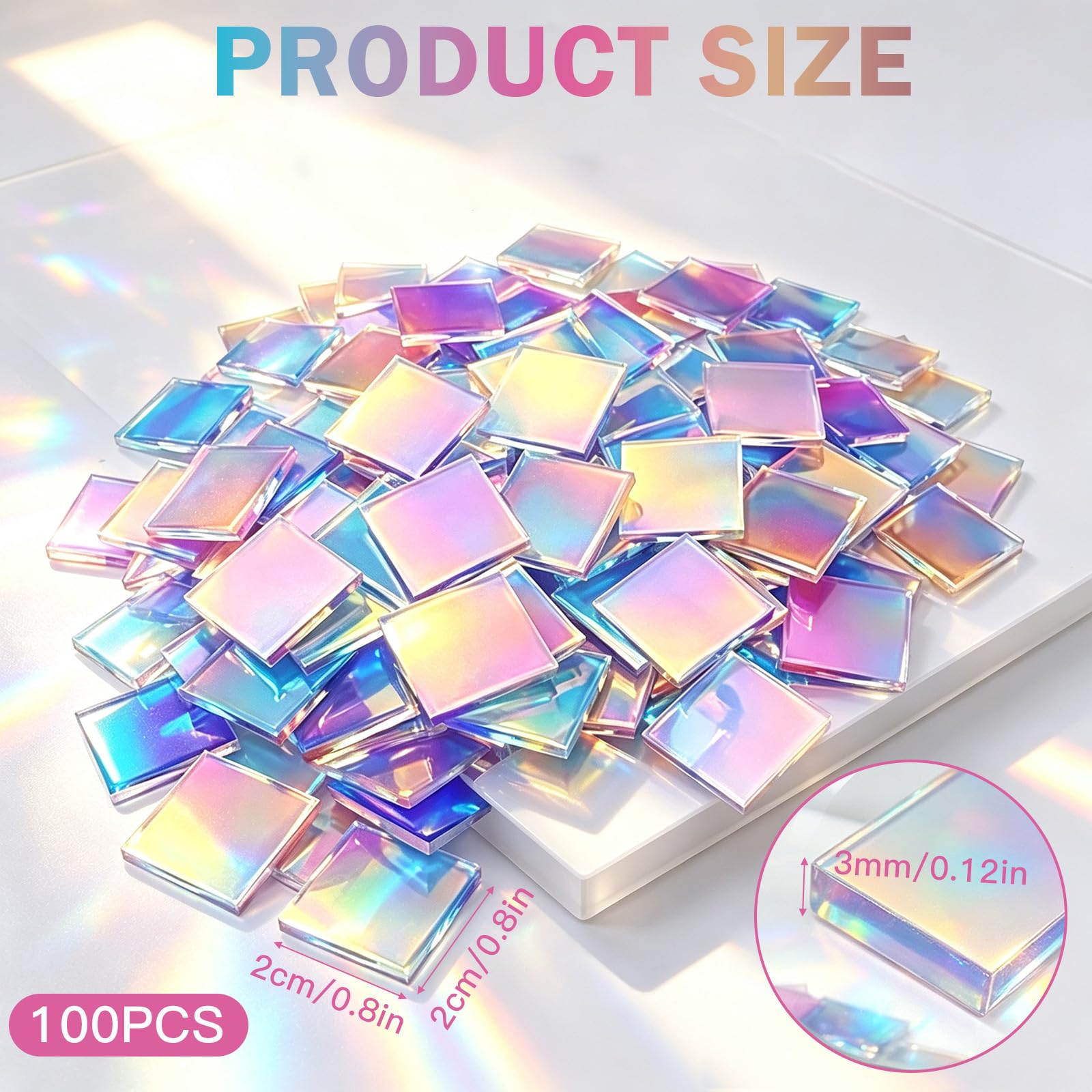 100PCS Rainbow Holographic Acryl Mosaiksteine Zum Basteln,2*2CM Irisierende Acrylquadrate, Quadratische Schillerndes Holografische Mosaikfliesen für Teller Bilderrahmen,Blumentöpfe und Dekoration