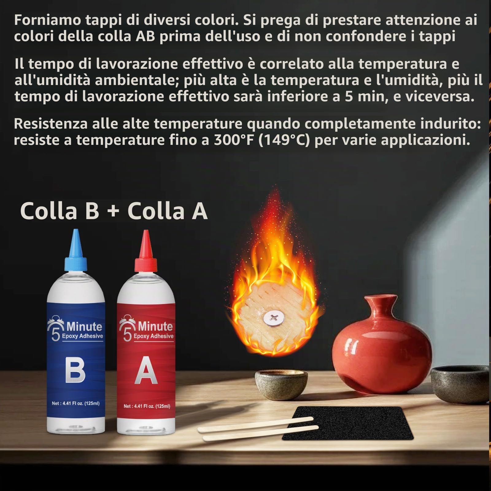 Colla Epossidica Bicomponente, 250 ml 5 Minuti Colla Epossidica, Presa Rapida, Trasparente, Colla Bicomponente per Riparare Ceramica, Porcellana, Vetro, Legno, Plastica, ecc