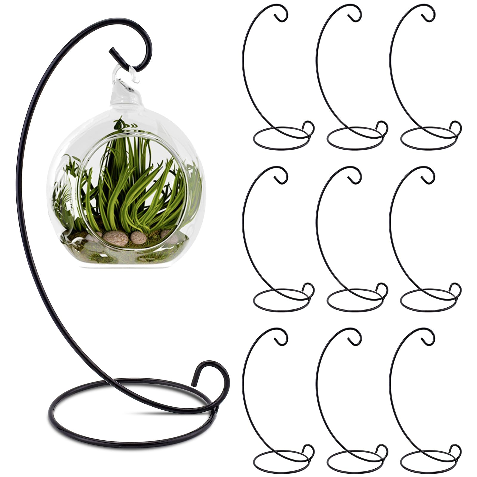 Lele Life Black 10Pcs Ornament Display Stand, 23Cm High Metal Hanging Plant Stand Air Plant Holder, Standing Hook Hanger For Wedding Christmas Ornament Plant Terrarium Glass Globe