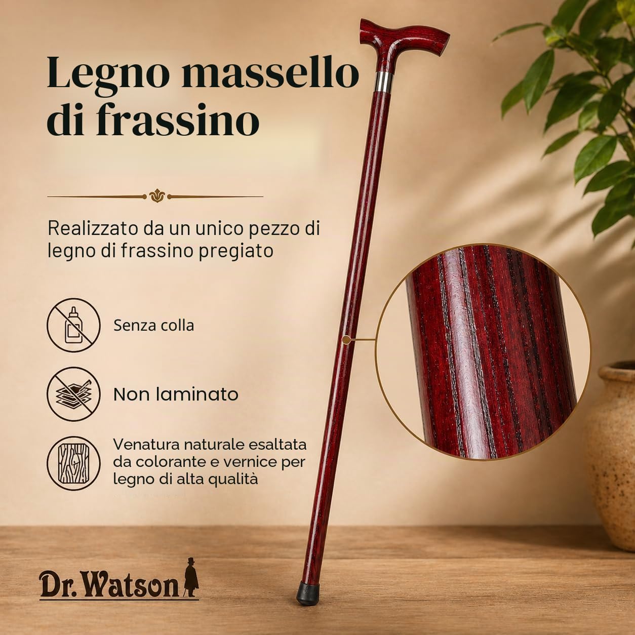 Dr. Watson Classic Fritz Walking Stick – Handcrafted Ash Wood Cane with Polished Stainless Steel Collar