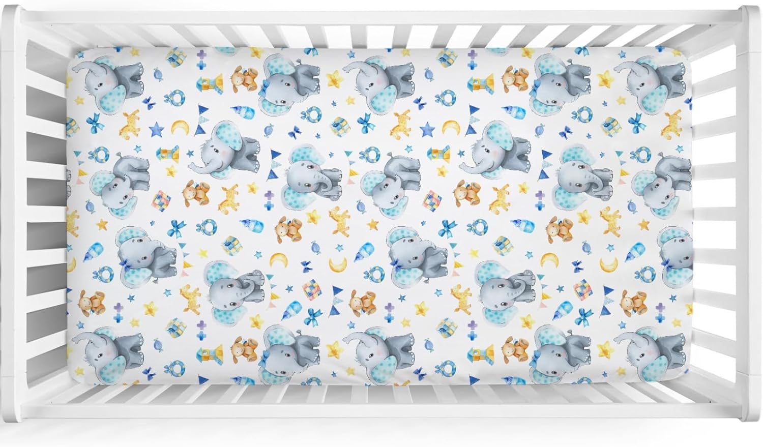 Cute Elephant Baby Crib Sheets 52''x28'' Cartoon Elephant Snug Fitted Crib Mattress Sheet for Boy Girl Elephant Blue Soft Nursery Baby Bed Sheets Fits Standard Crib and Toddler Mattresses One size Blue image 2 of 9 B0D25TSN6X