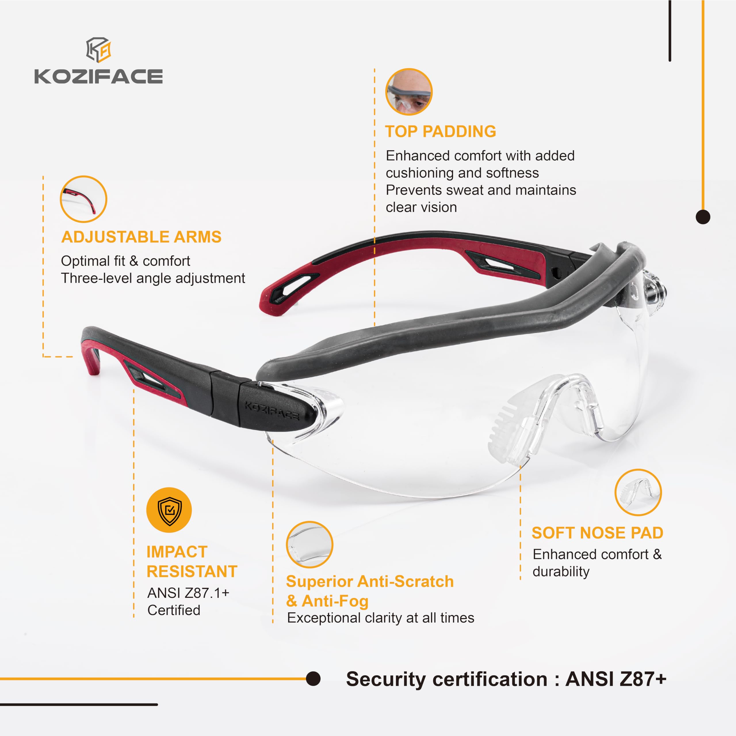 Koziface A10 - Occhiali di sicurezza per uomo e donna, con montatura regolabile, aste e aste, eleganti, con imbottitura superiore, anti appannamento, antigraffio, anti-polvere, certificati Z87.1