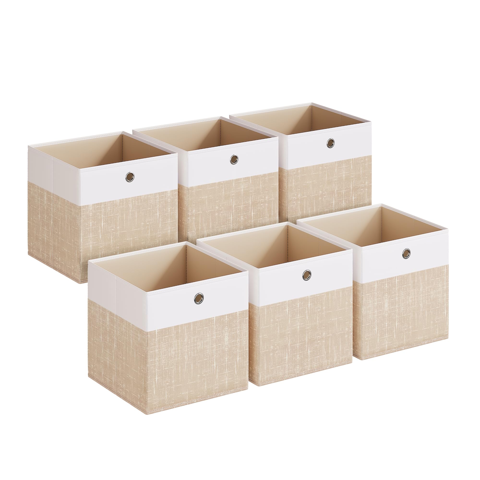 SONGMICS Scatole Portaoggetti, Set di 6, Contenitori in Tessuto, Pannelli in PP, Inodori, Pieghevoli, per Scaffale a Cubo, 30 x 30 x 30 cm, Bianco Nuvola e Beige Sabbia RFB430LF02